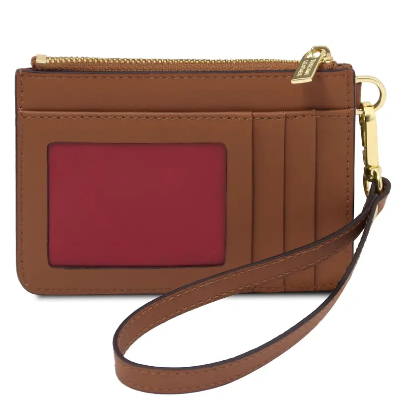 Portacarte in pelle con manico Cognac