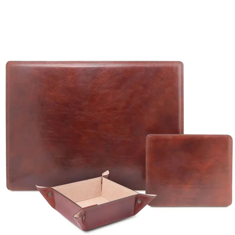 Sottomano da scrivania, tappetino per mouse e vuotatasche in pelle Marrone