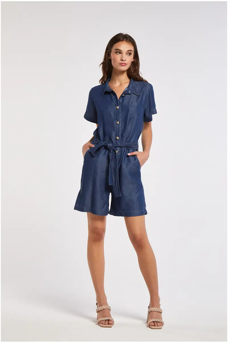 tuta corta con abbottonatura davanti in denim tencel blu medio xl