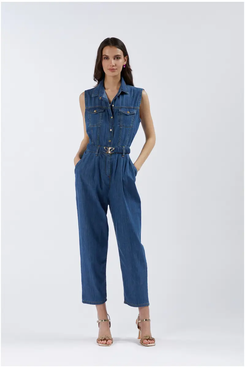 tuta smanicata in chambray blu medio