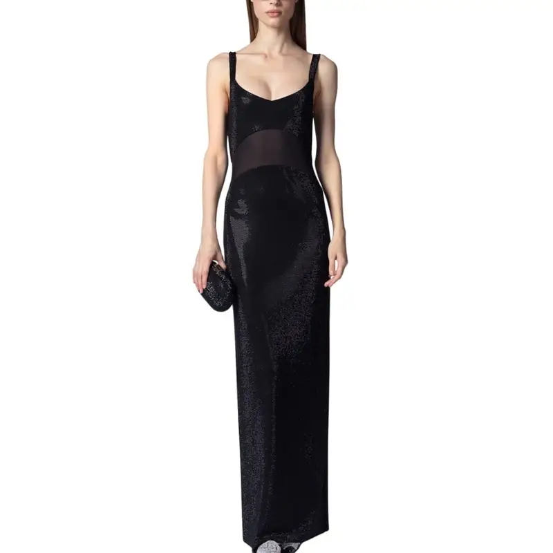 abito lungo da donna anse con strass all over nero