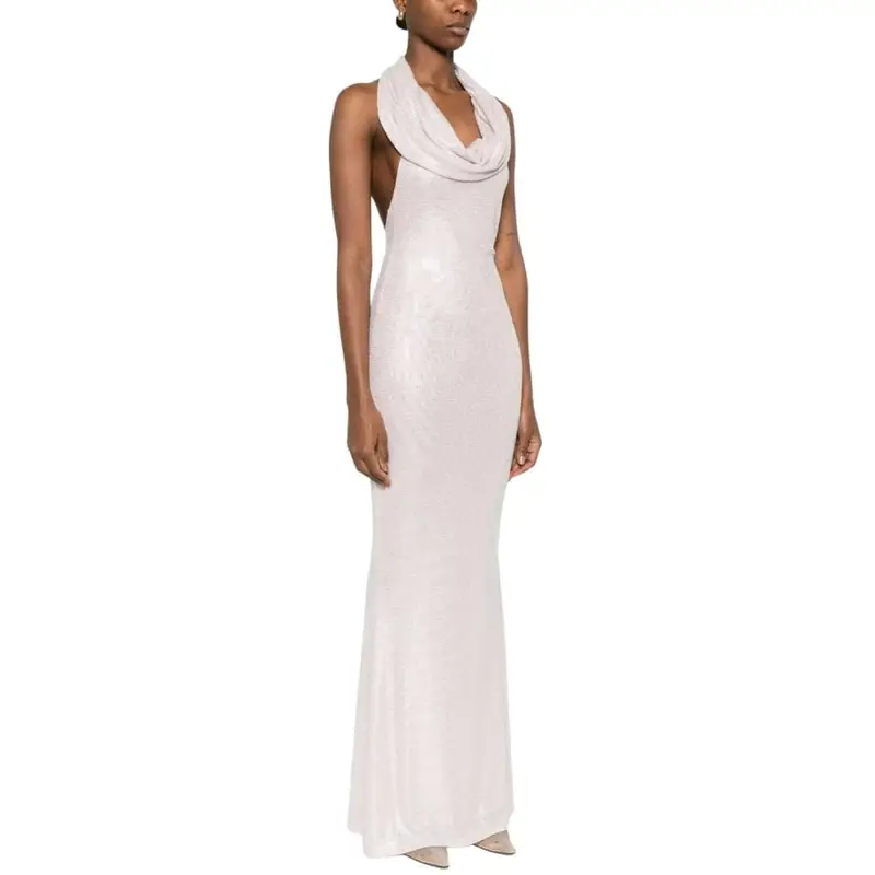 abito lungo da donna key con strass all over cipria argento miniatura 2