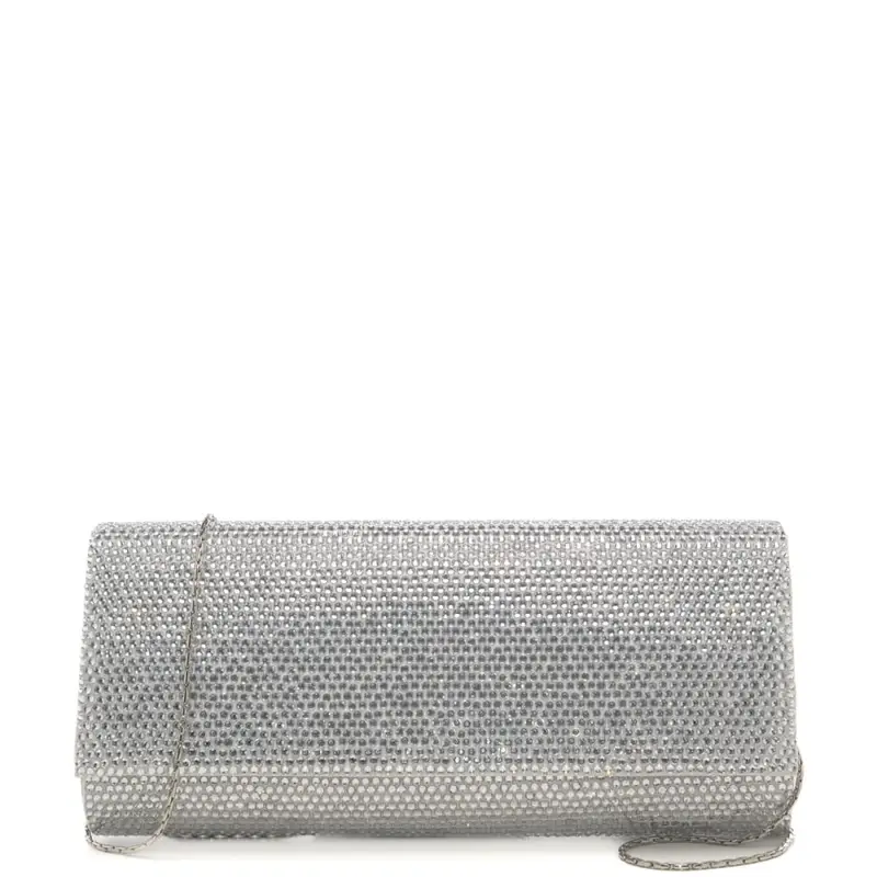 pochette a baguette donna con catena fine e cristalli argento