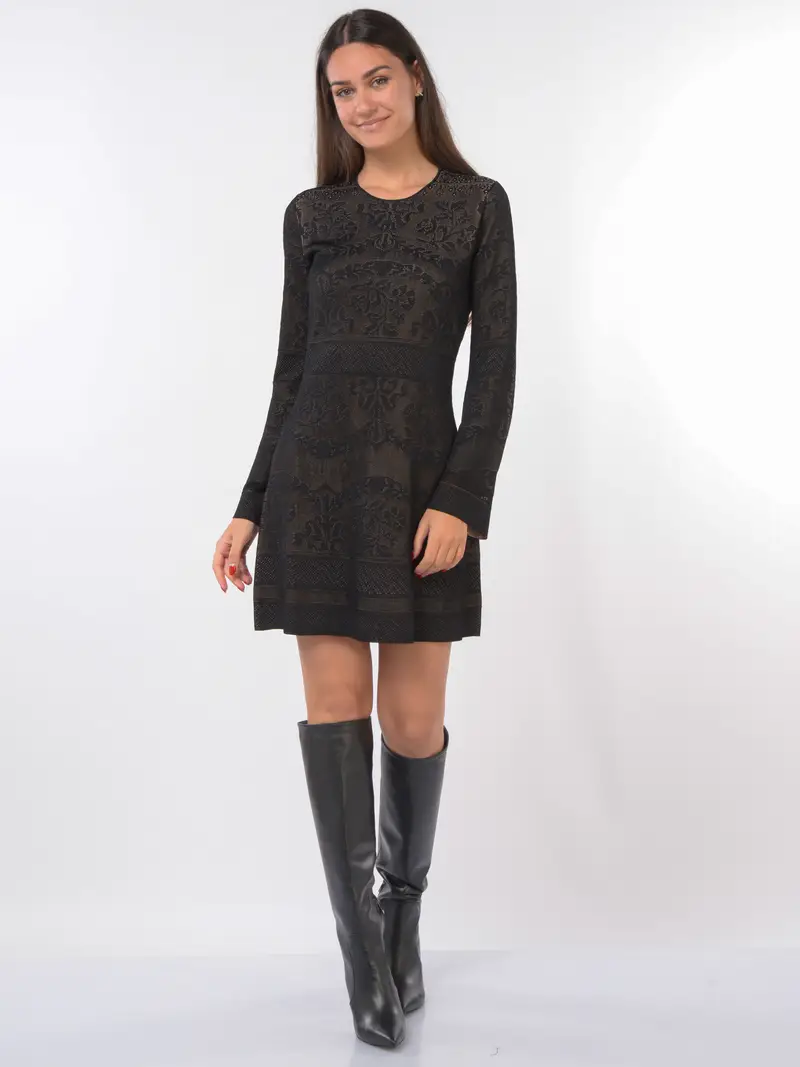 abito corto da donna Twinset in maglia traforata a girocollo NERO miniatura 2