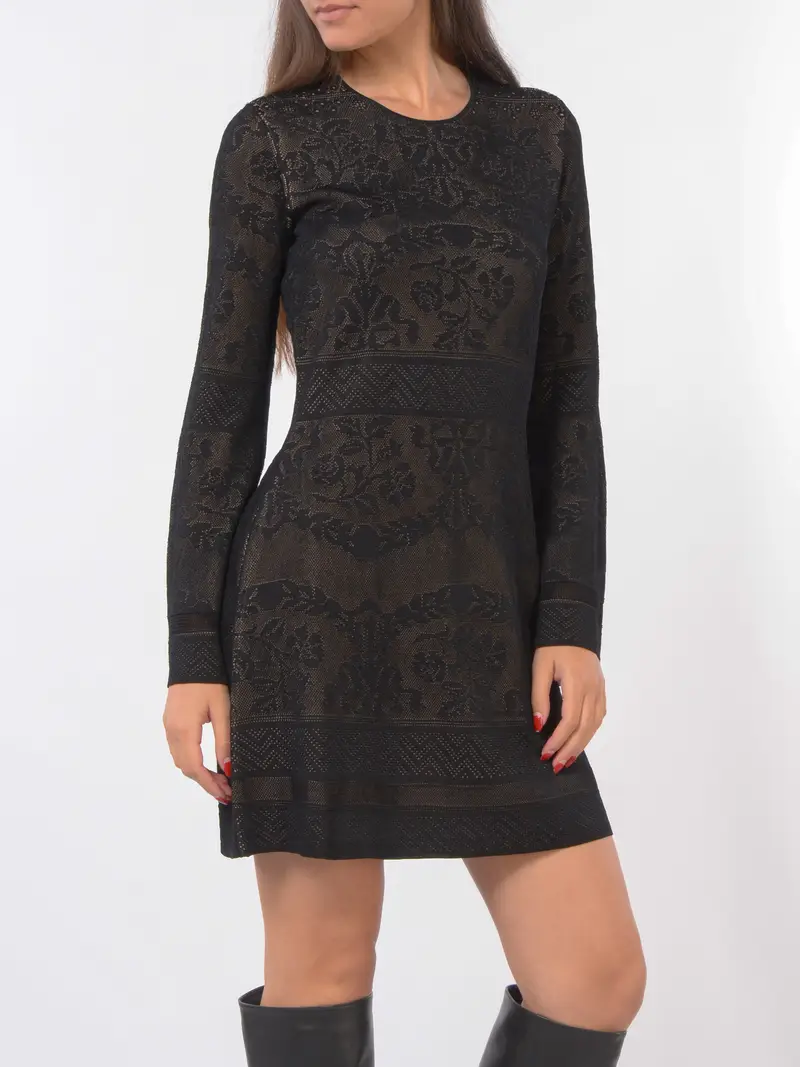 abito corto da donna Twinset in maglia traforata a girocollo NERO