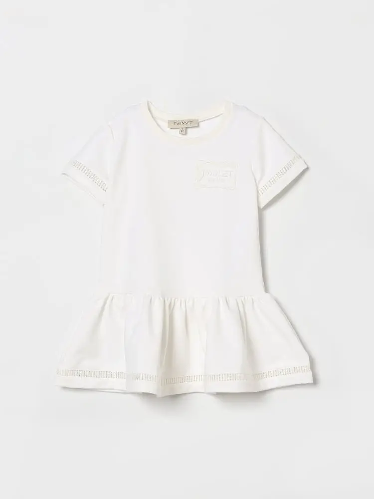 abito infant/kids in cotone bianco con logo e dettaglio strass