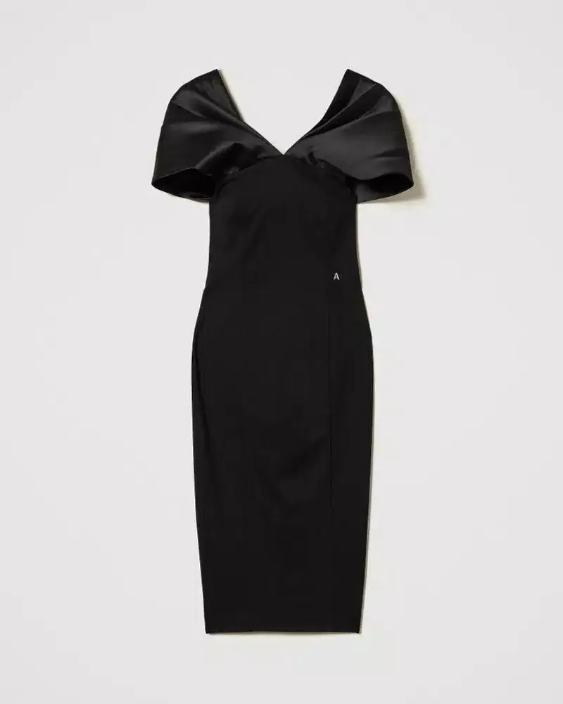 Abito longuette con raso nerio Nero