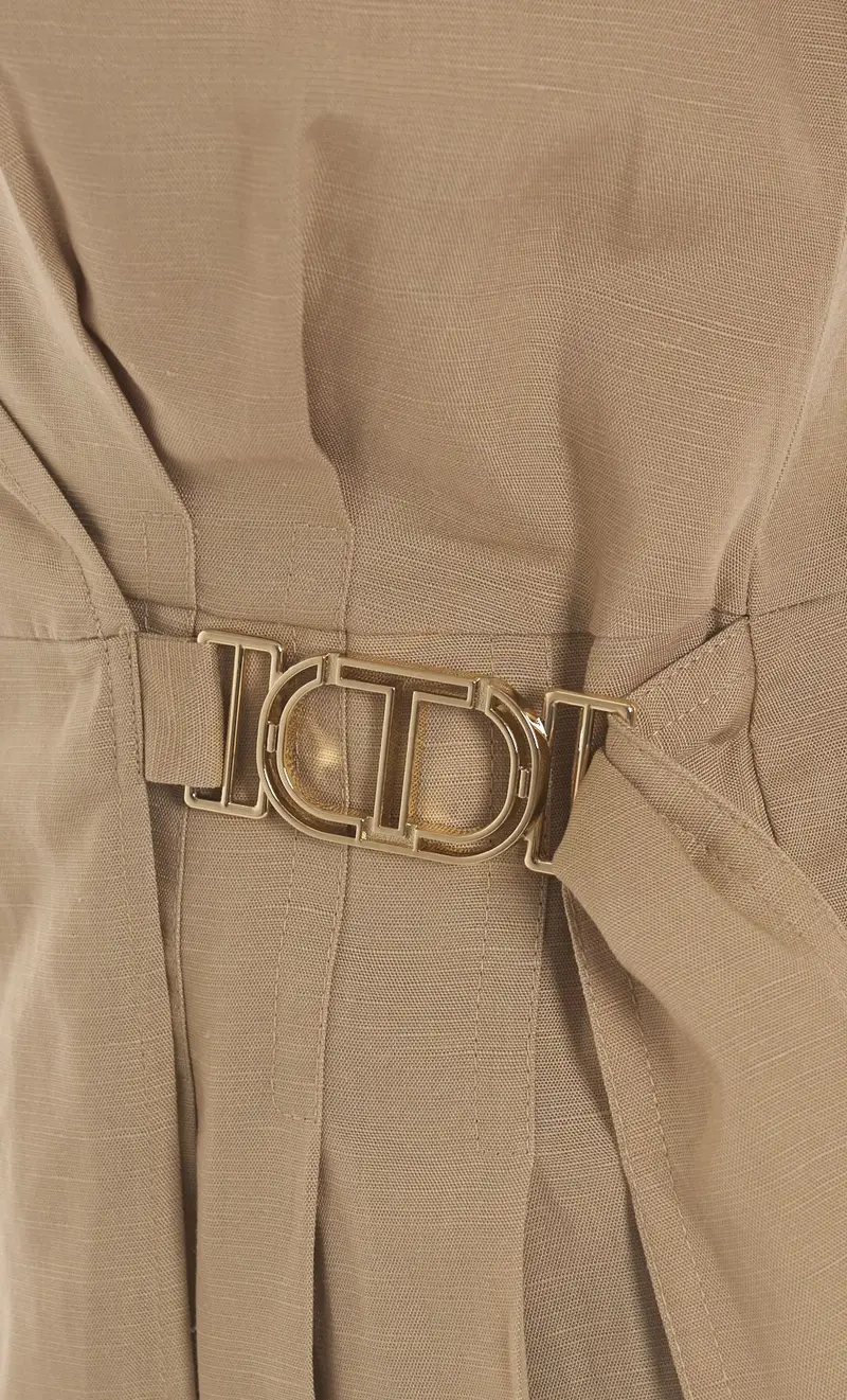 Abito longuette twinset a portafoglio in misto lino, colore beige miniatura 2