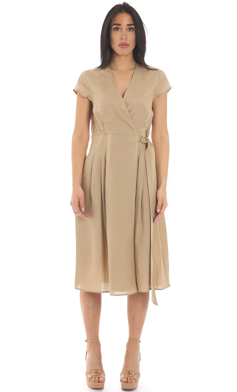 Abito longuette twinset a portafoglio in misto lino, colore beige