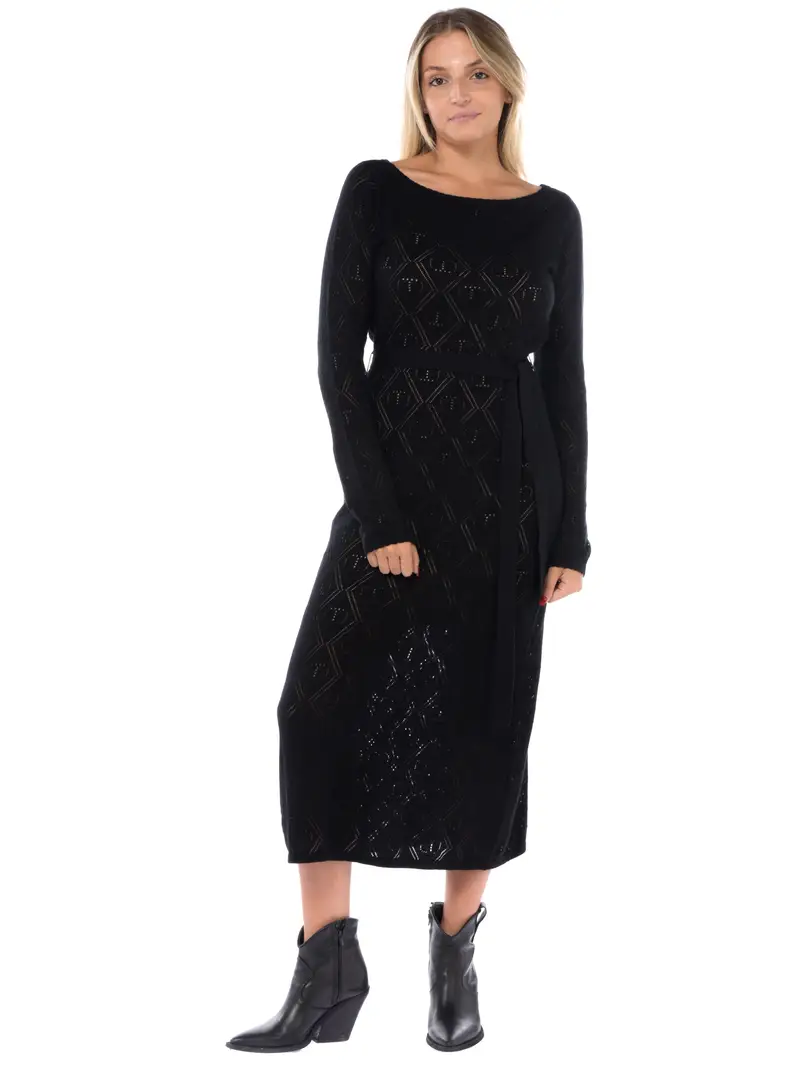 abito lungo da donna Twinset con lavorazioni e cintura NERO miniatura 2