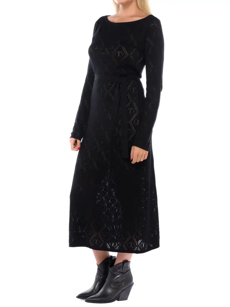 abito lungo da donna Twinset con lavorazioni e cintura NERO