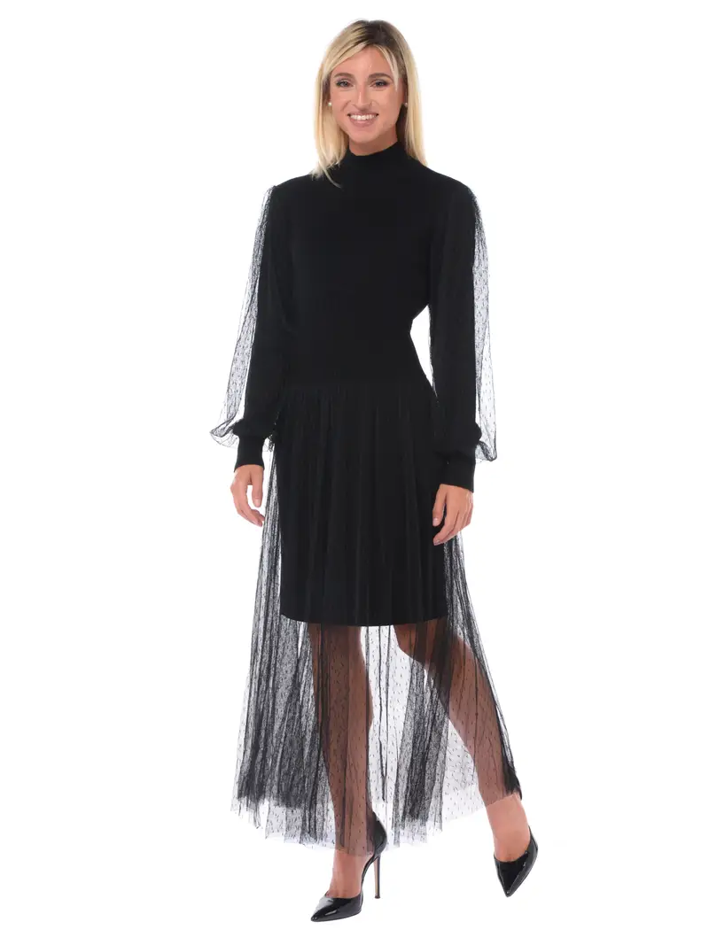 abito lungo da donna Twinset in maglia con tulle NERO miniatura 2