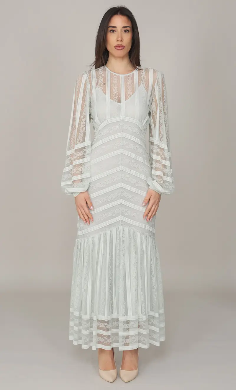 Abito lungo twinset con pizzo e righe, colore verde acqua