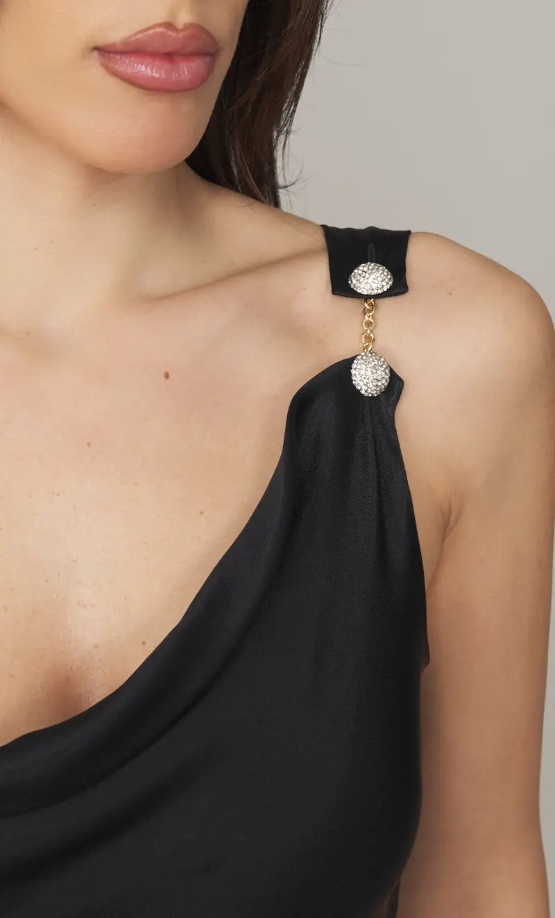 Abito lungo twinset con spallina gioiello, colore nero miniatura 2