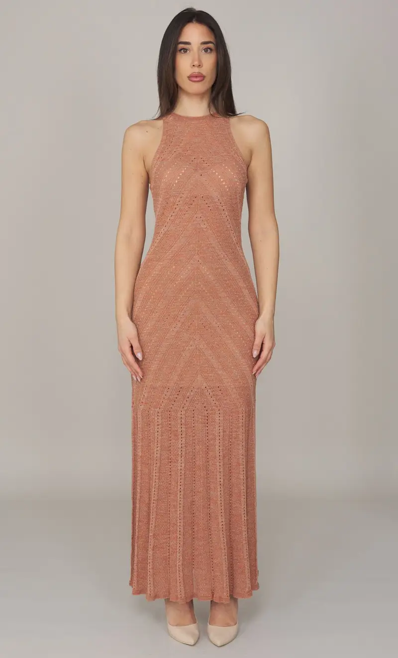 Abito lungo twinset in lino e lurex, colore salmone