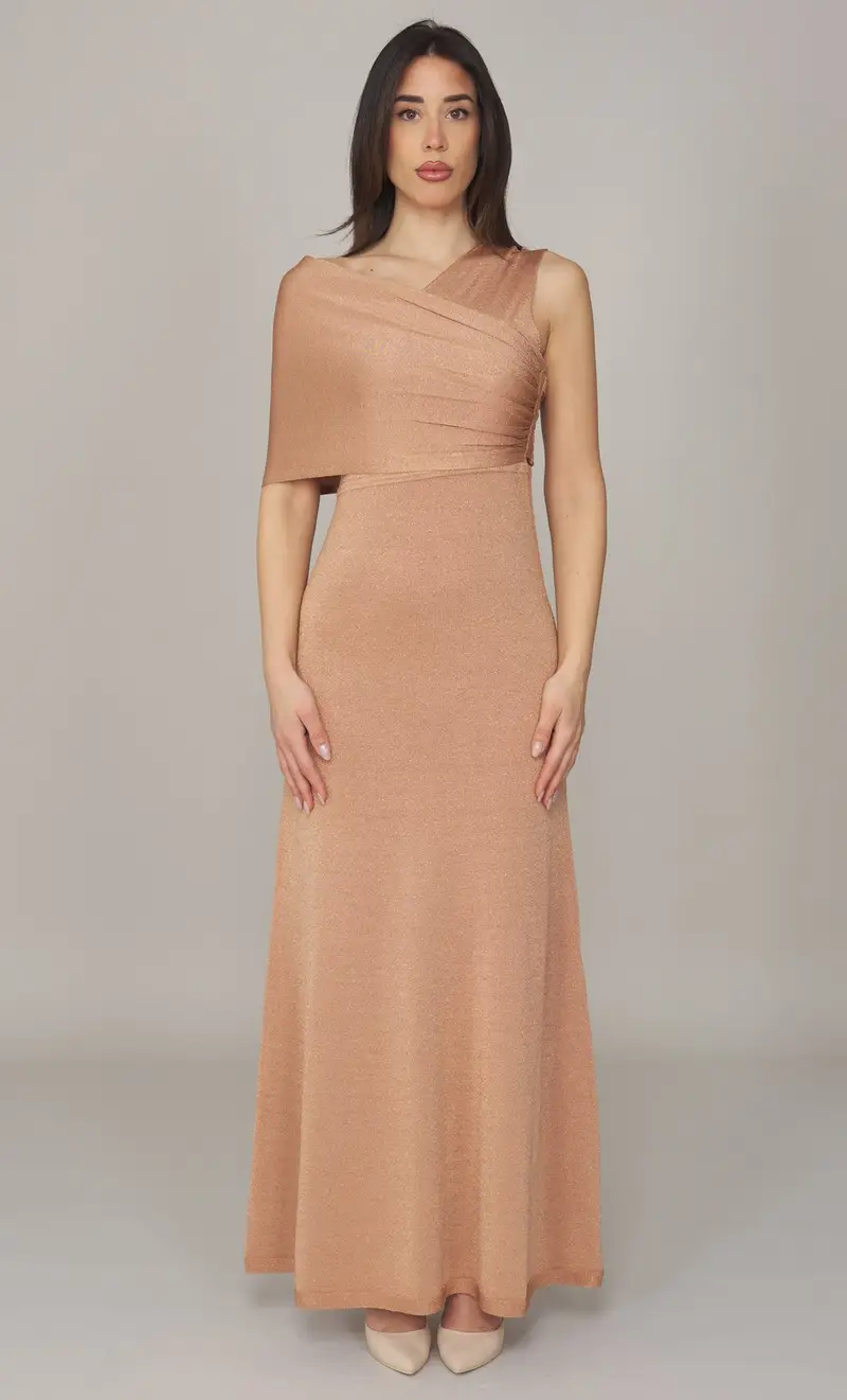 Abito lungo twinset monospalla con lurex, colore bronzo