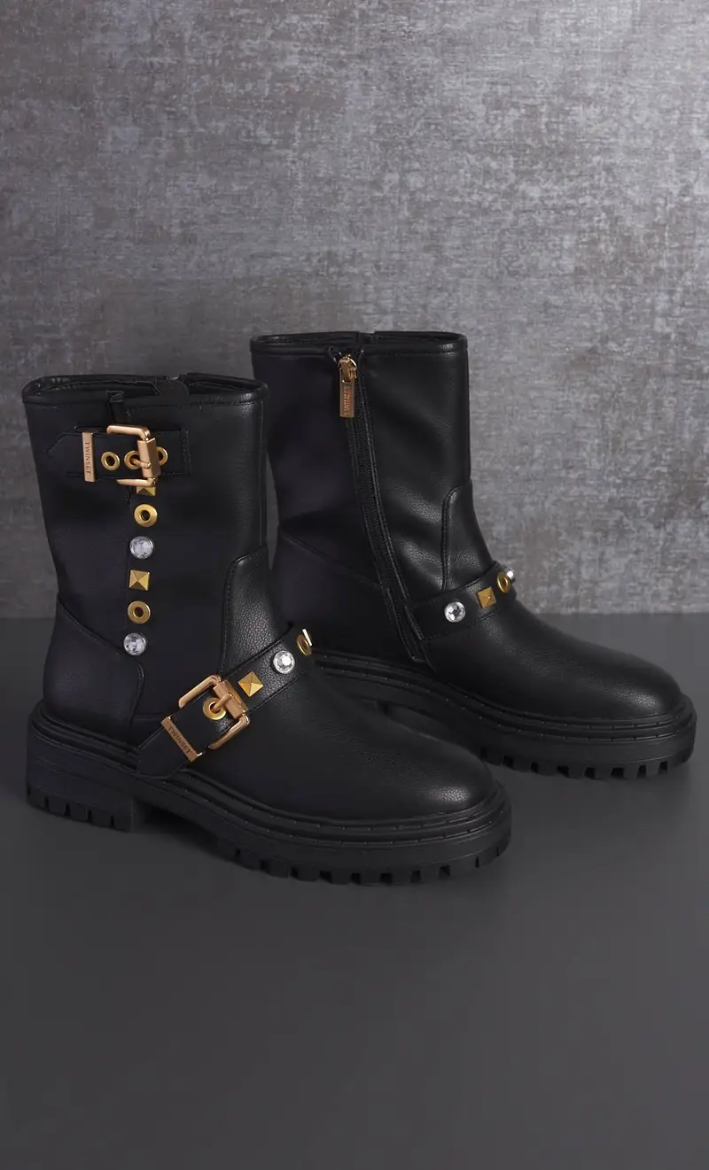 Anfibi twinset con borchie e strass neri, colore nero