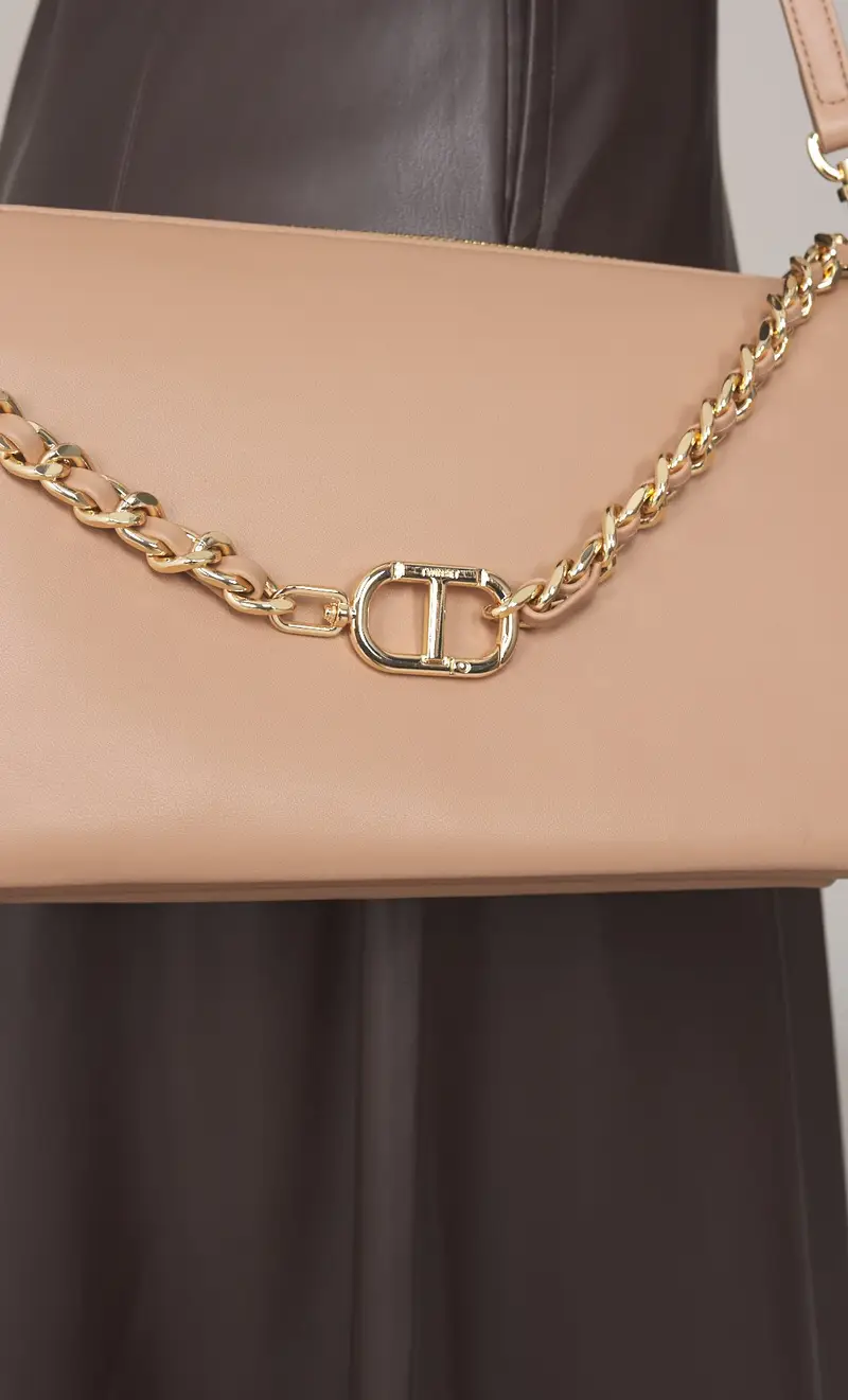 Borsa a tracolla twinset con catena logata, colore beige miniatura 2