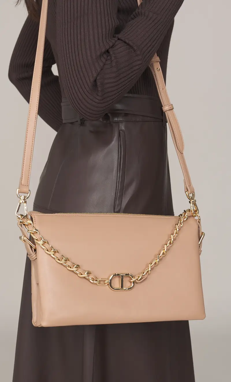 Borsa a tracolla twinset con catena logata, colore beige