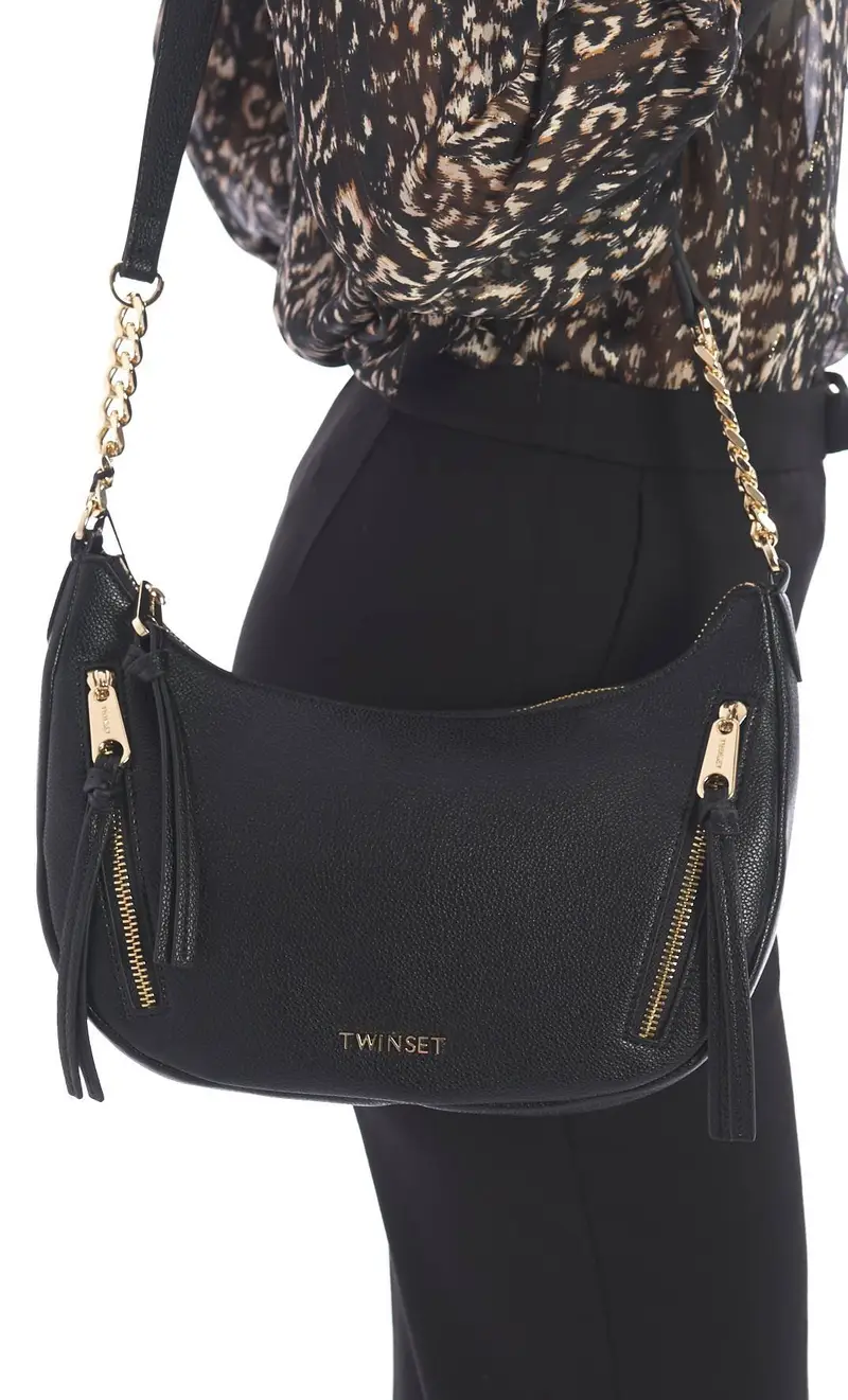 Borsa a tracolla twinset con zip e nappine, colore nero