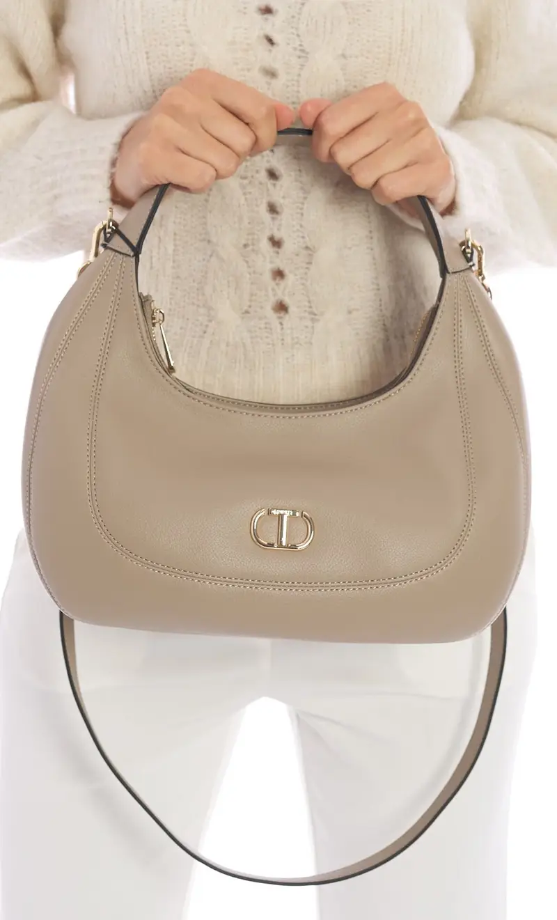 Borsa hobo twinset con logo ovale, colore tortora