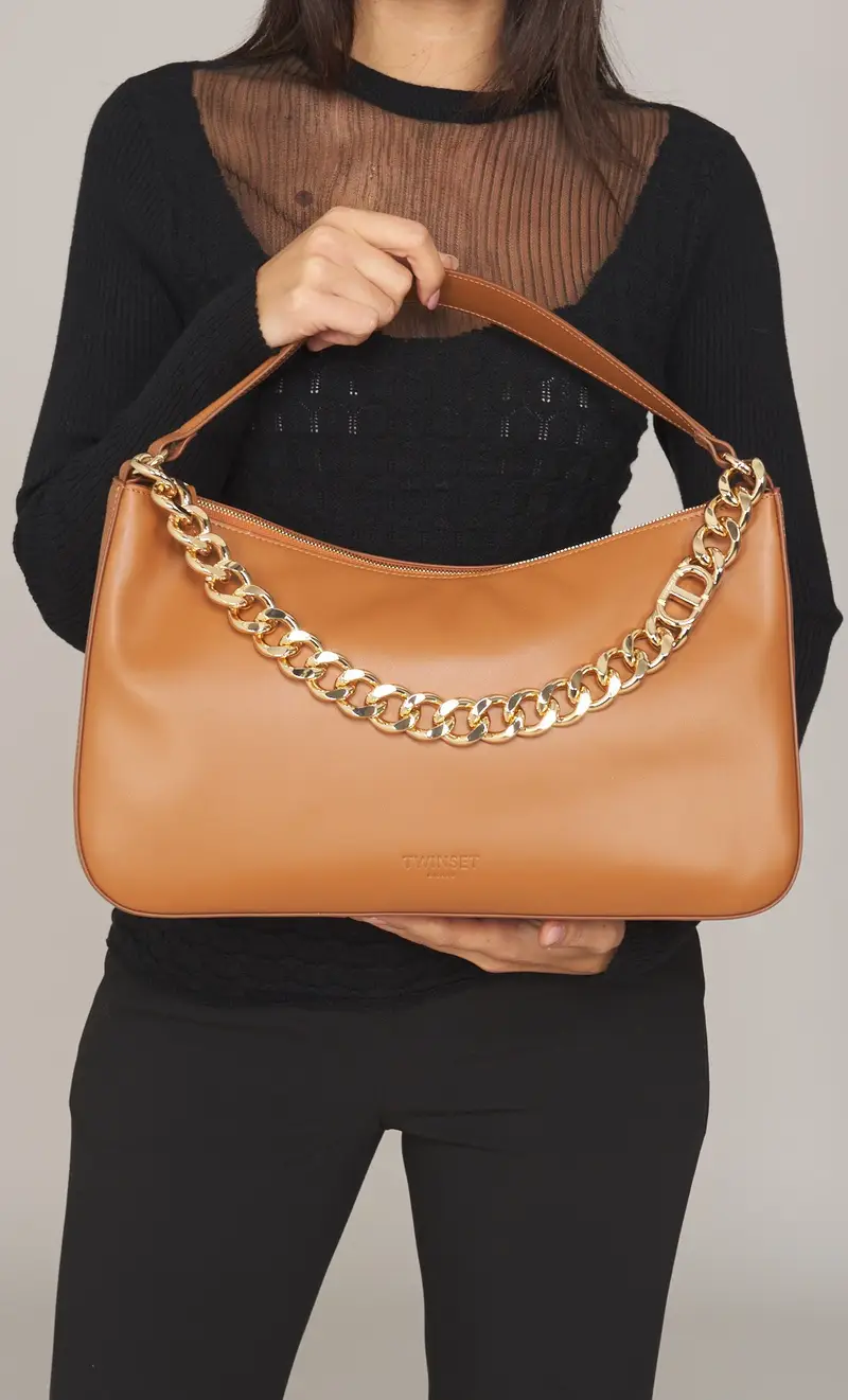 Borsa hobo twinset liliane in pelle liscia, colore cuoio