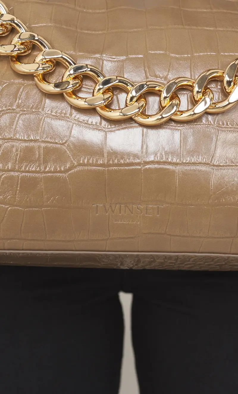 Borsa hobo twinset liliane in pelle stampa cocco, colore tortora miniatura 2