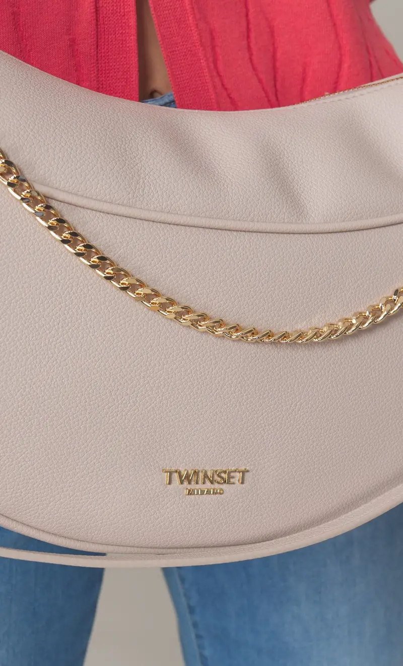 Borsa hobo twinset martellata con logo, colore panna miniatura 2