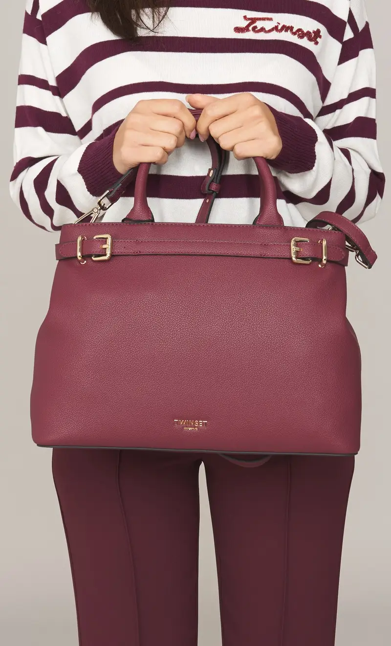 Borsa tote twinset con logo lettering e fibbie, colore bordeaux
