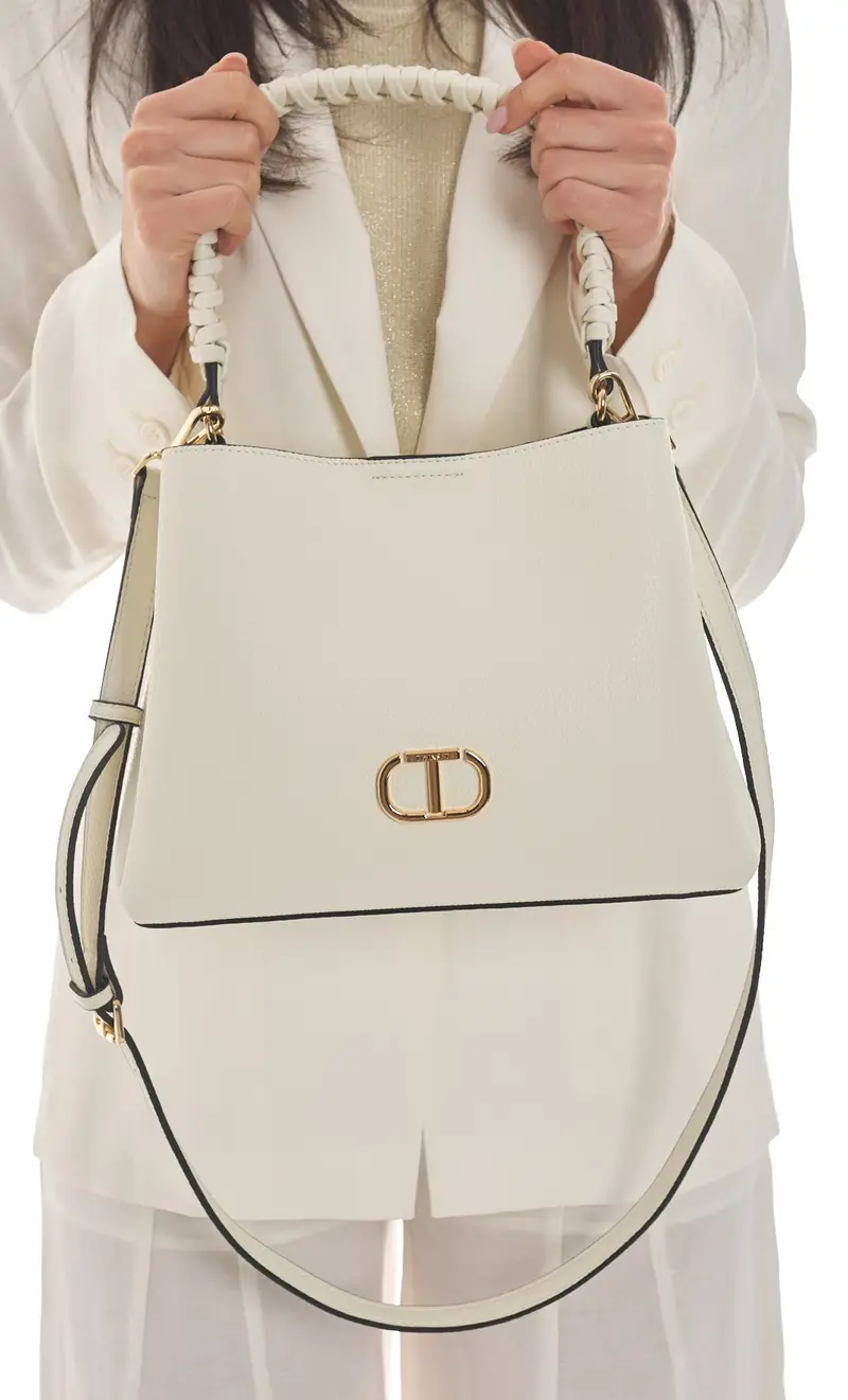 Borsa tote twinset con manico intrecciato e logo, colore bianco