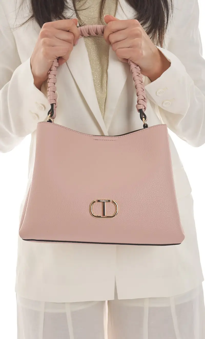 Borsa tote twinset con manico intrecciato e logo, colore rosa