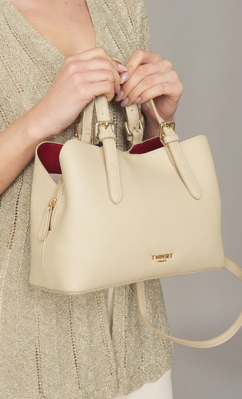 Borsa tote twinset piccola con logo lettering, colore panna
