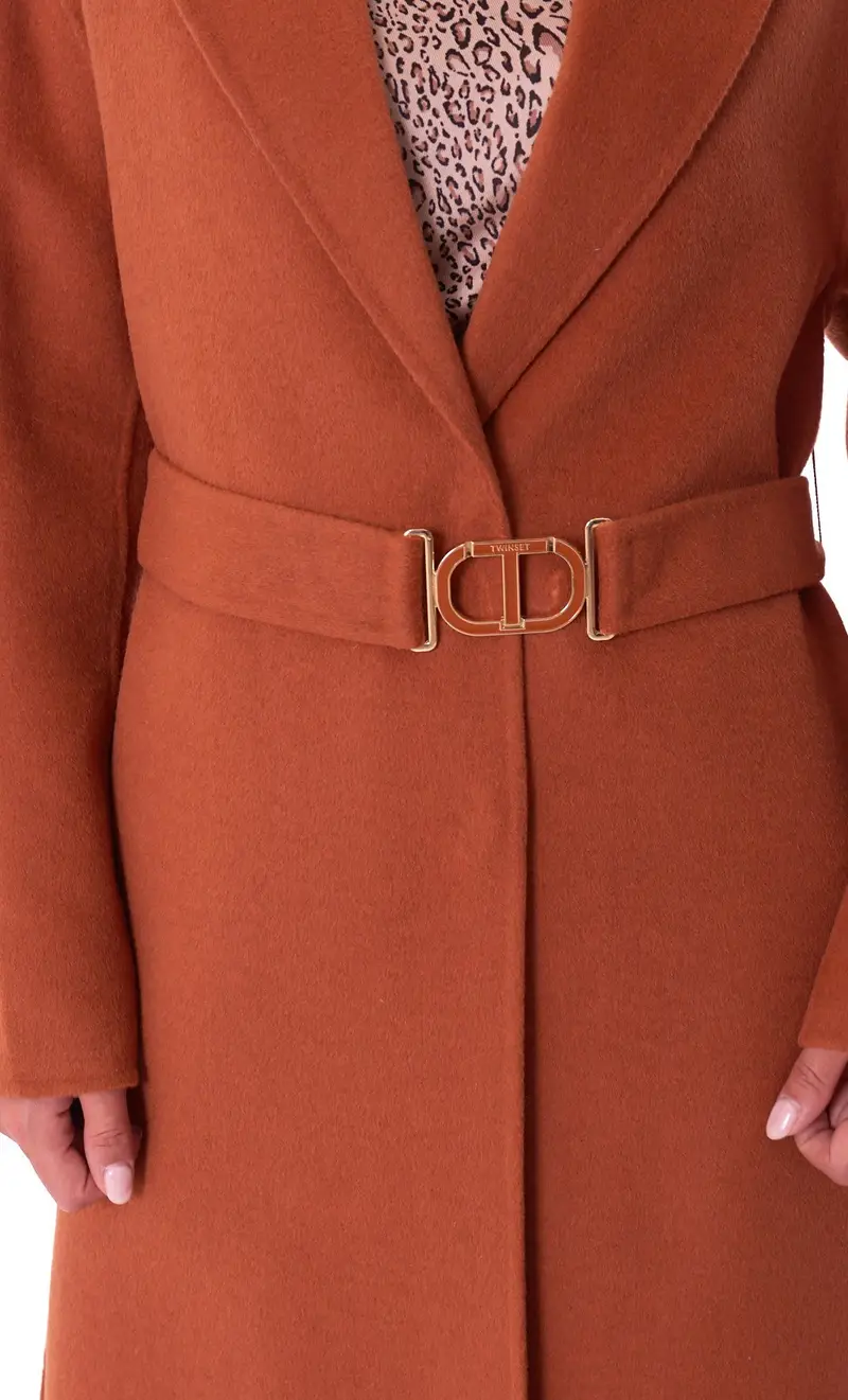Cappotto lungo twinset con cintura, colore cammello miniatura 2