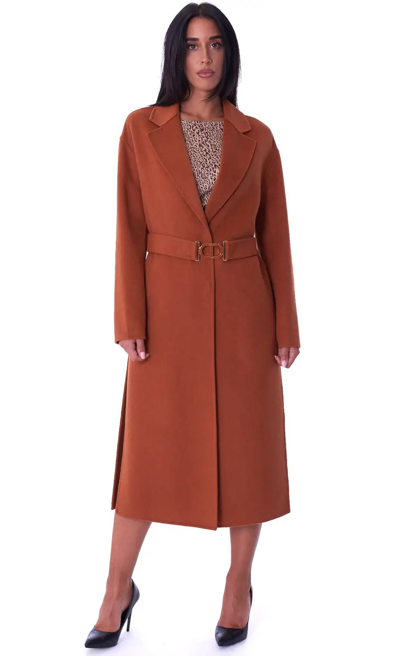 Cappotto lungo twinset con cintura, colore cammello