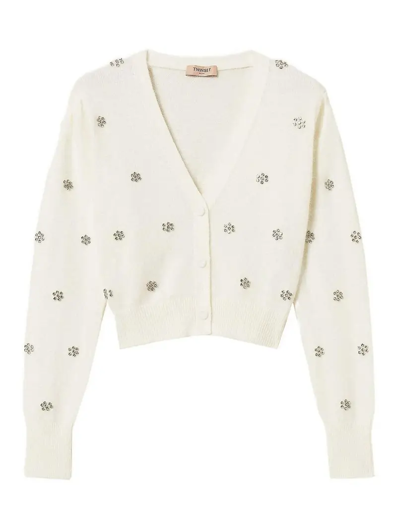 Cardigan con bottoni e decorazioni in strass Bianco