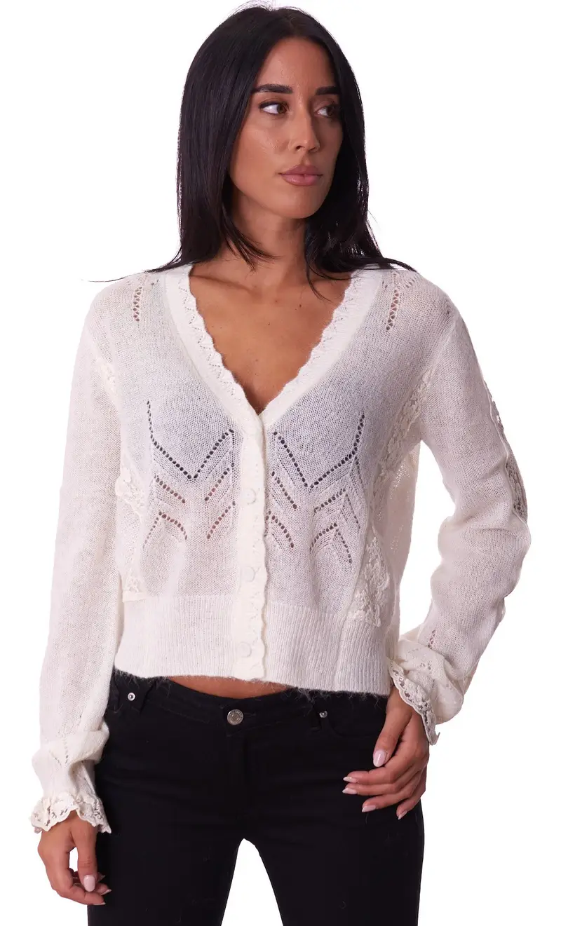 Cardigan twinset con profili in pizzo, colore bianco