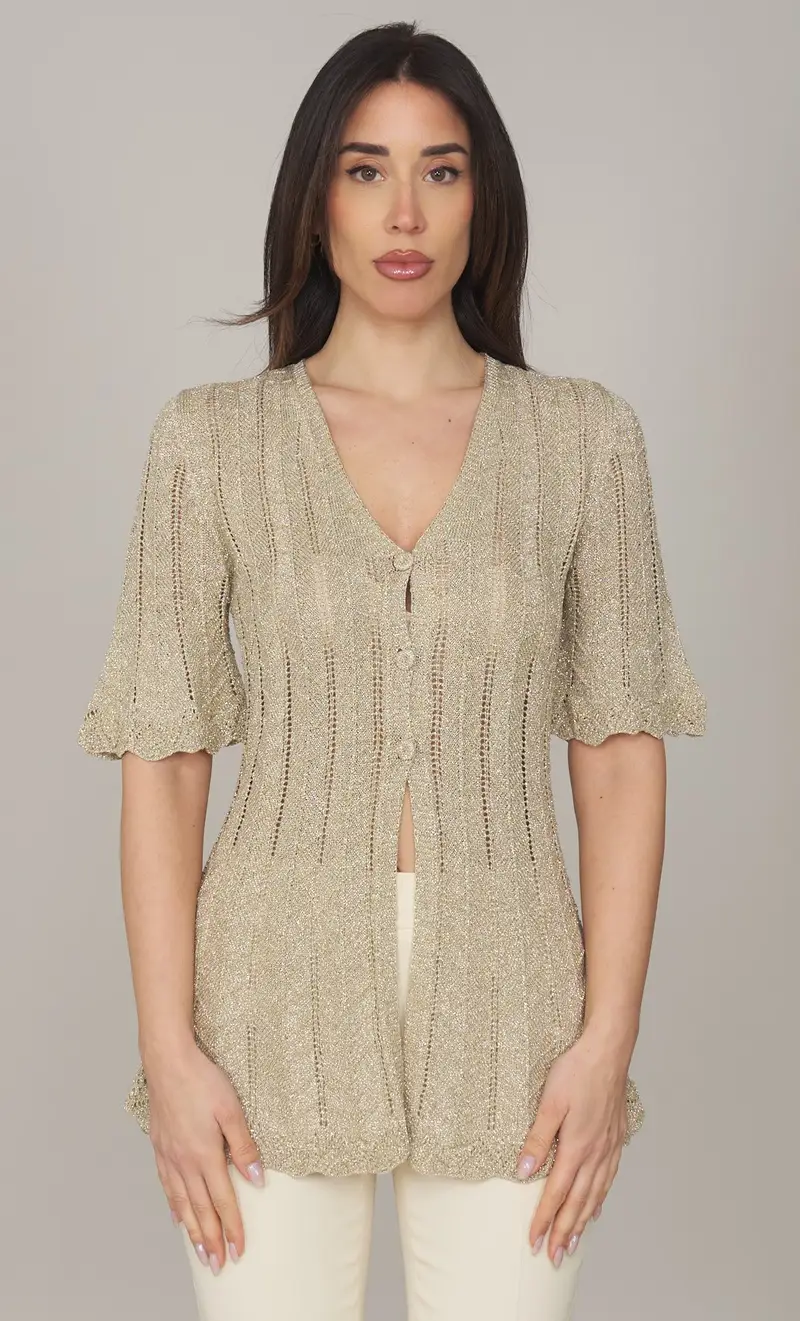 Cardigan twinset in lurex, colore oro