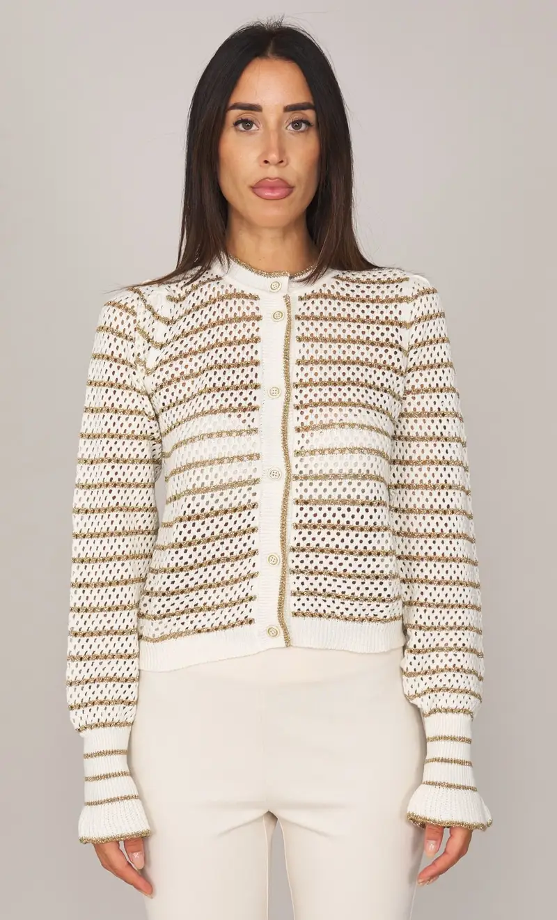 Cardigan twinset in maglia con righe lurex, colore bianco
