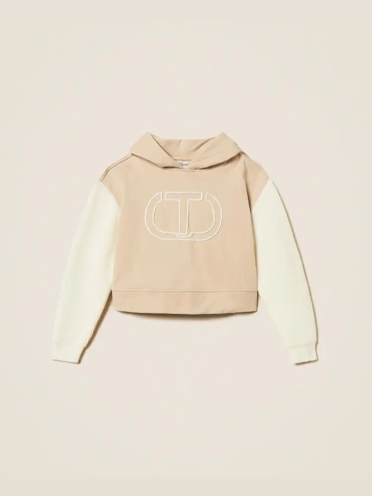 felpa junior beige con logo e maniche in maglia panna