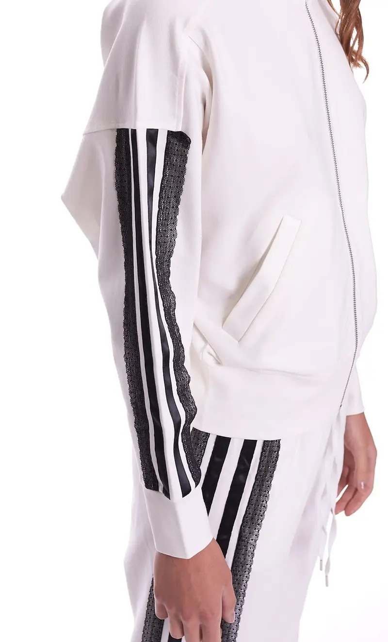 Felpa twinset con banda in pizzo e zip, colore bianco miniatura 2
