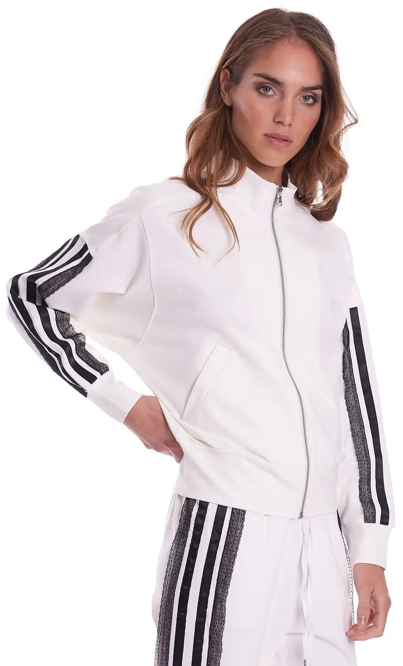 Felpa twinset con banda in pizzo e zip, colore bianco