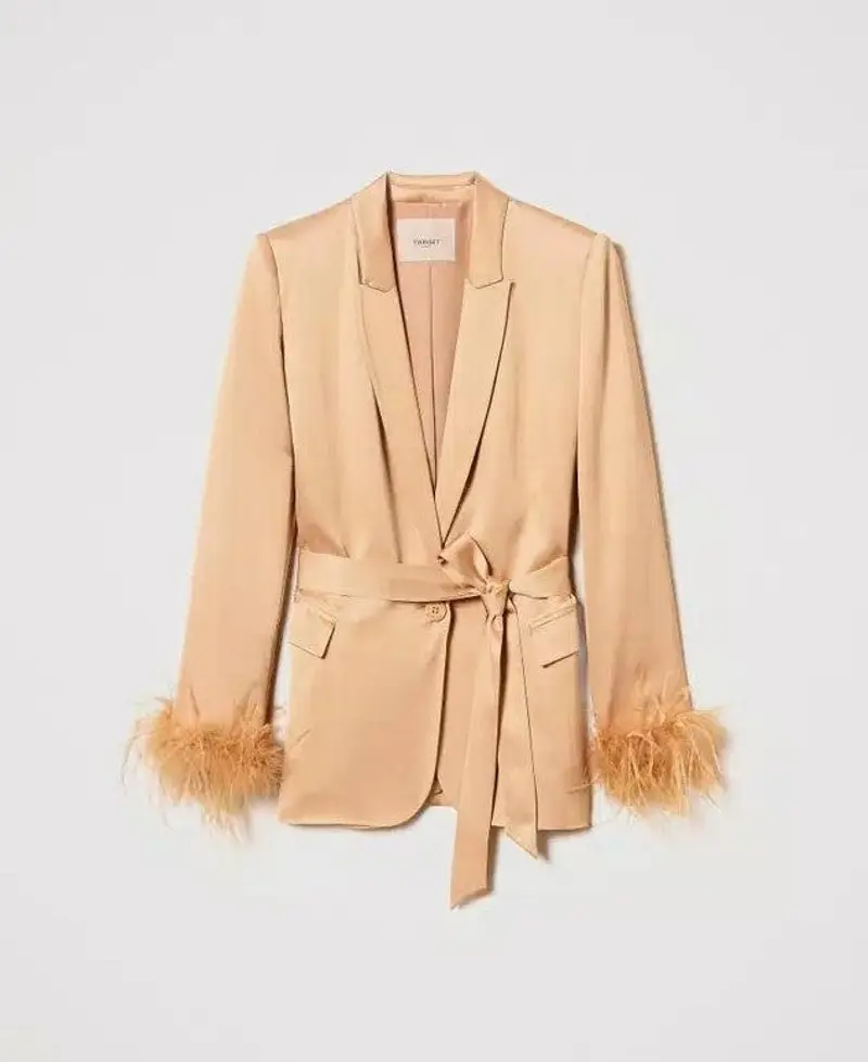 Giacca Raso Piume Ocra