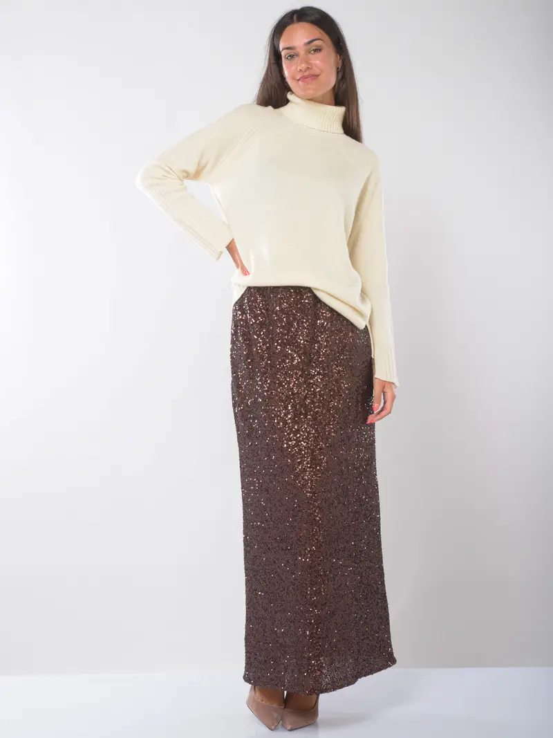 gonna lunga da donna Twinset dritta in full paillettes MARRON miniatura 2