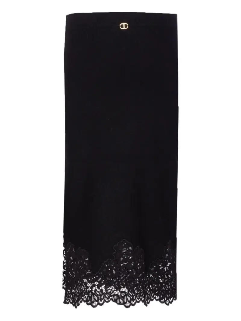 Gonna Midi Nera Con Bordo in Pizzo Nero