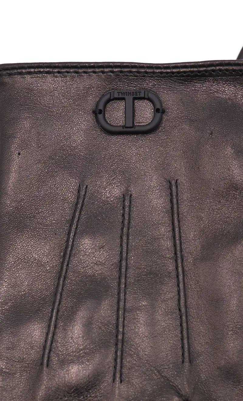 Guanti twinset in pelle con logo, colore nero miniatura 2