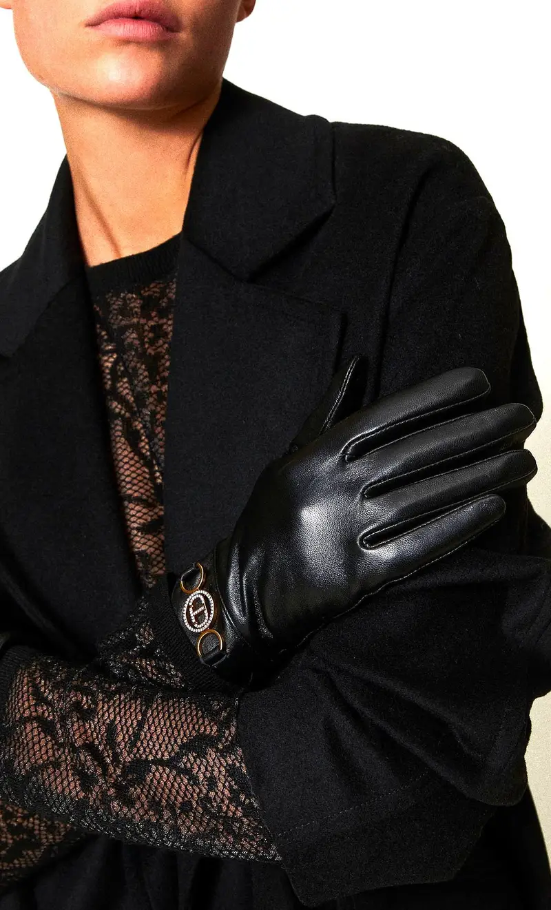 Guanti twinset in pelle con logo in metallo, colore nero miniatura 2