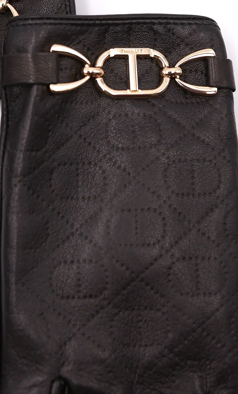 Guanti twinset in pelle logomania in rilievo, colore nero miniatura 2