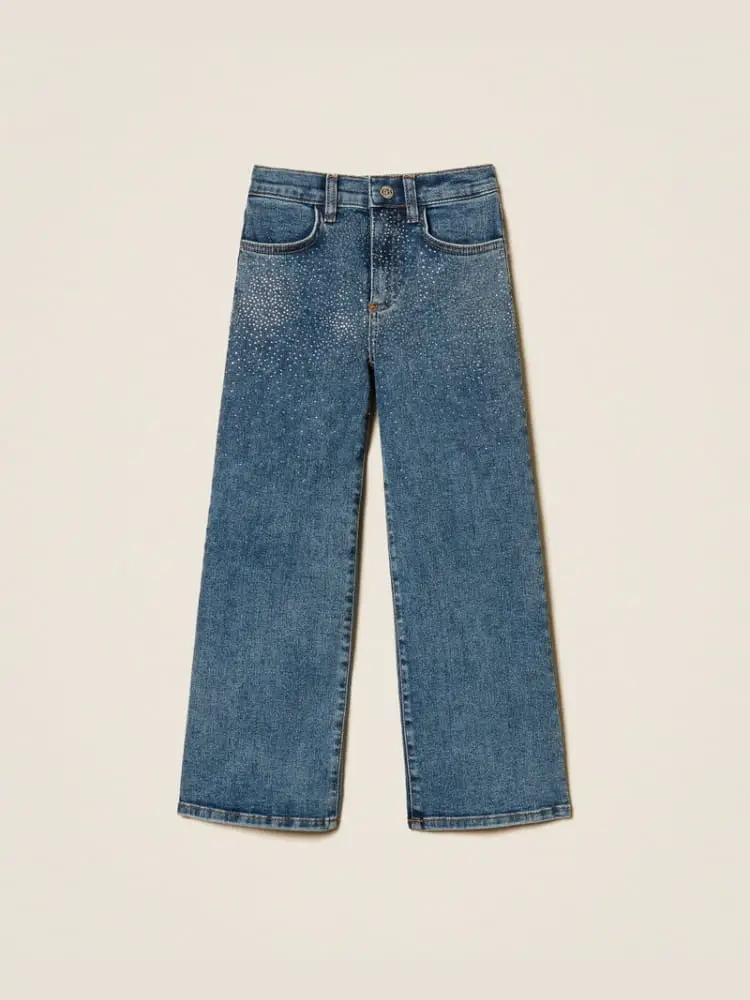 jeans kids/junior in denim blu medio sabbiato con strass