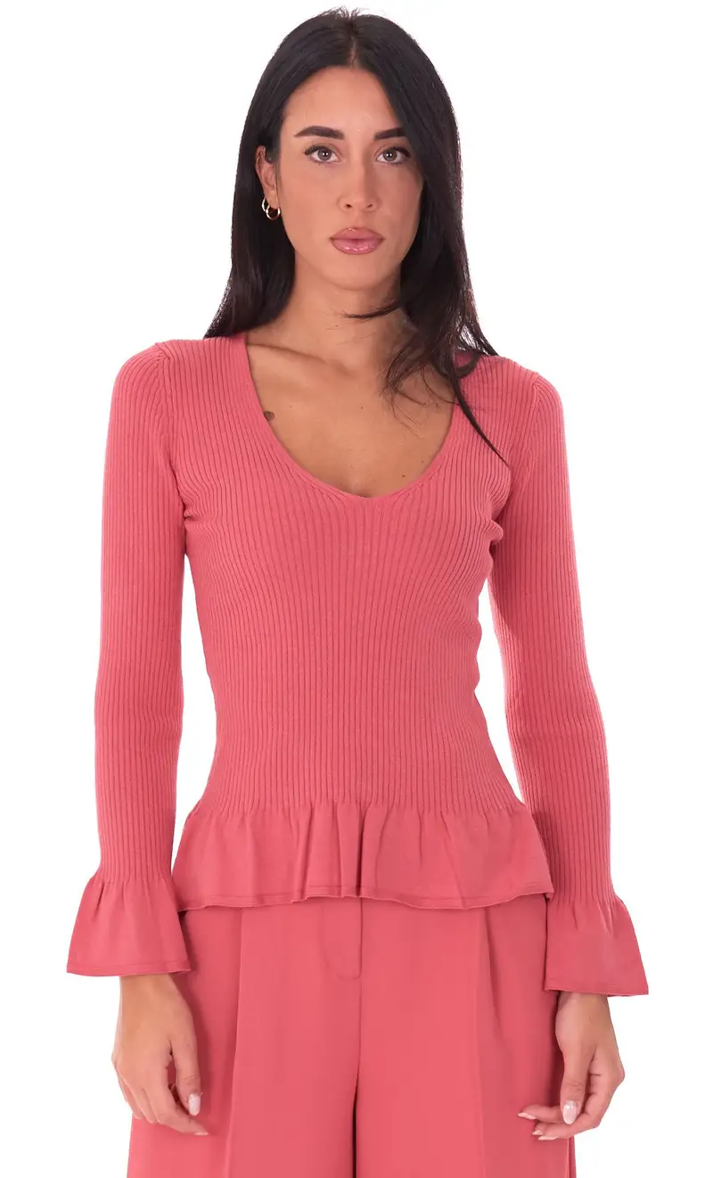 Maglia a costine twinset con rouches, colore corallo