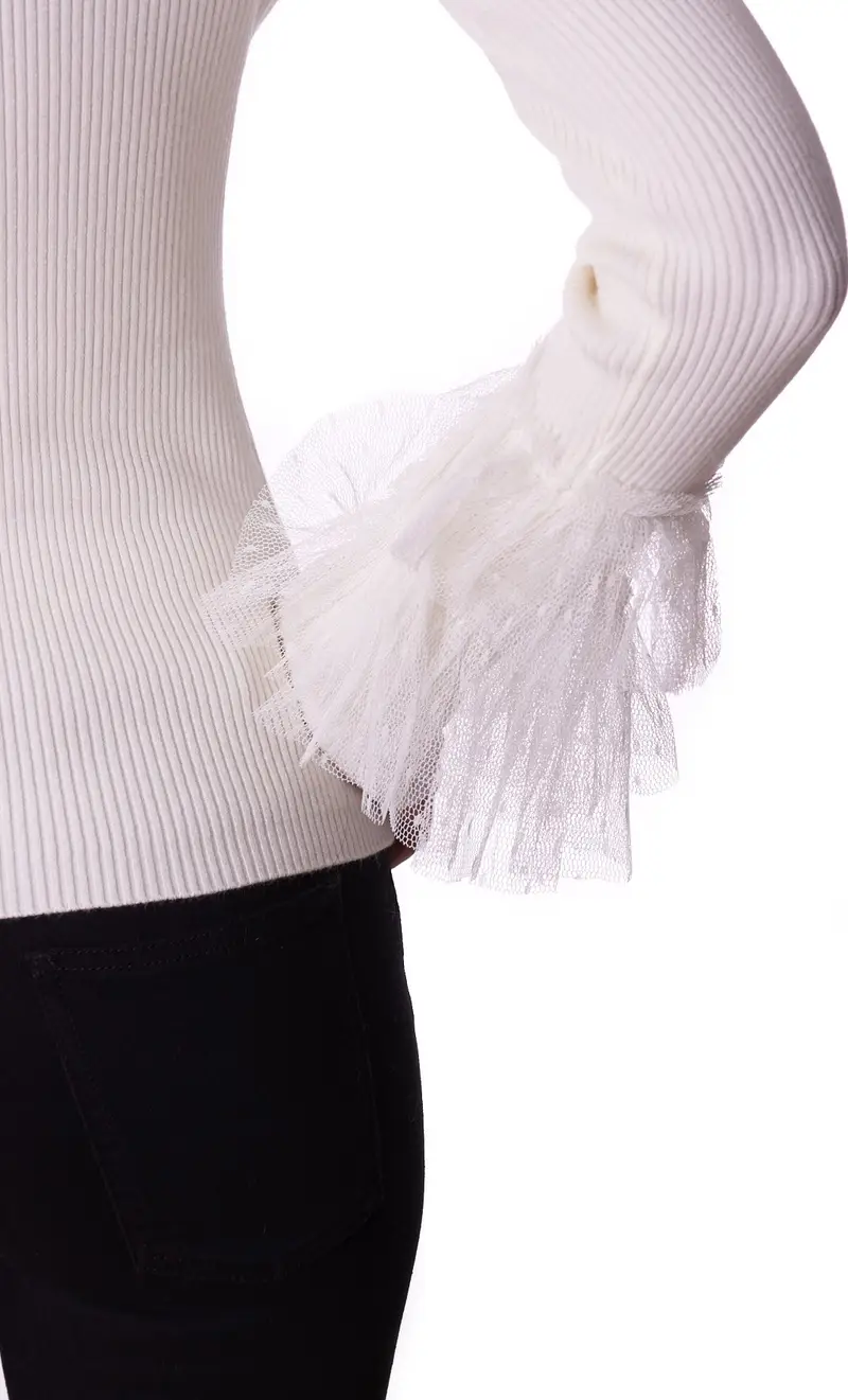 Maglia a costine twinset con tulle, colore bianco miniatura 2